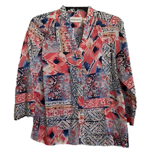 ALFRED DUNNER Button Down V-Neck Blouse, Women’s 8, Pink Blue